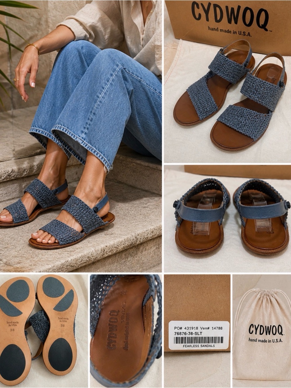 Cydwoq Fearless Woven Leather Sandals 38 Blue Artisan Slingback USA
